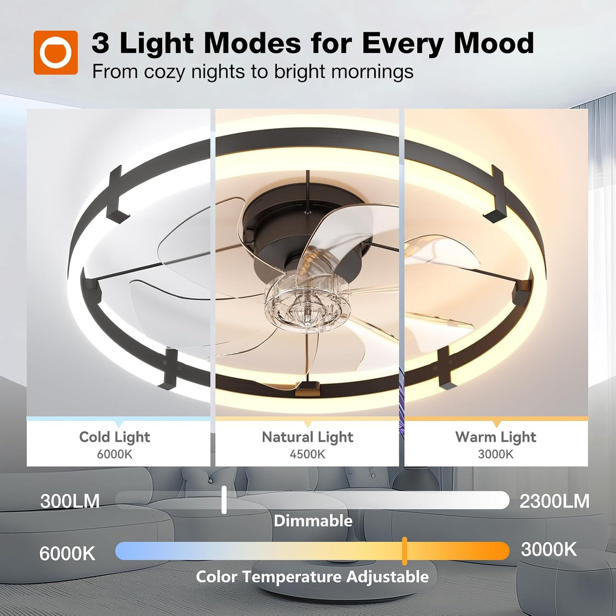 addlon 24-Inch Low-Profile Ceiling Fan with LED Light, Black