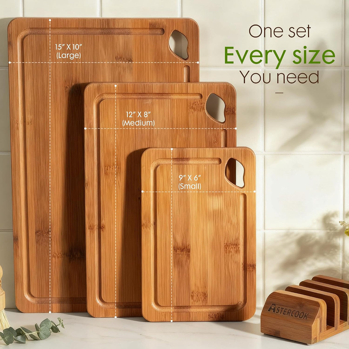 Astercook Carbonized Bamboo Cutting Boards with Stand, 3-Piece Set