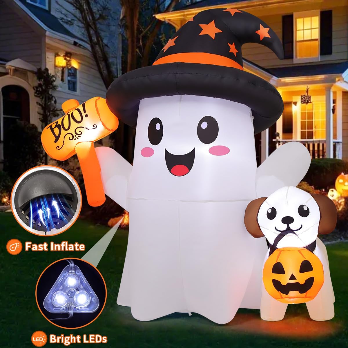 GOOSH 69655 5-Foot Halloween Ghost & Dog Inflatable – white, black, brown, multicolor – product detail