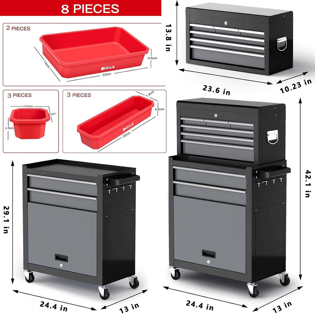 AIRAJ 327Black-tool chest 8-Drawer Rolling Tool Chest with Detachable Top – Black – product detail