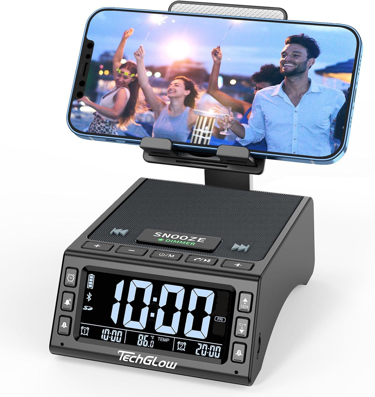 TechGlow Bluetooth Speaker Stand with Dual Alarm Clock, Black