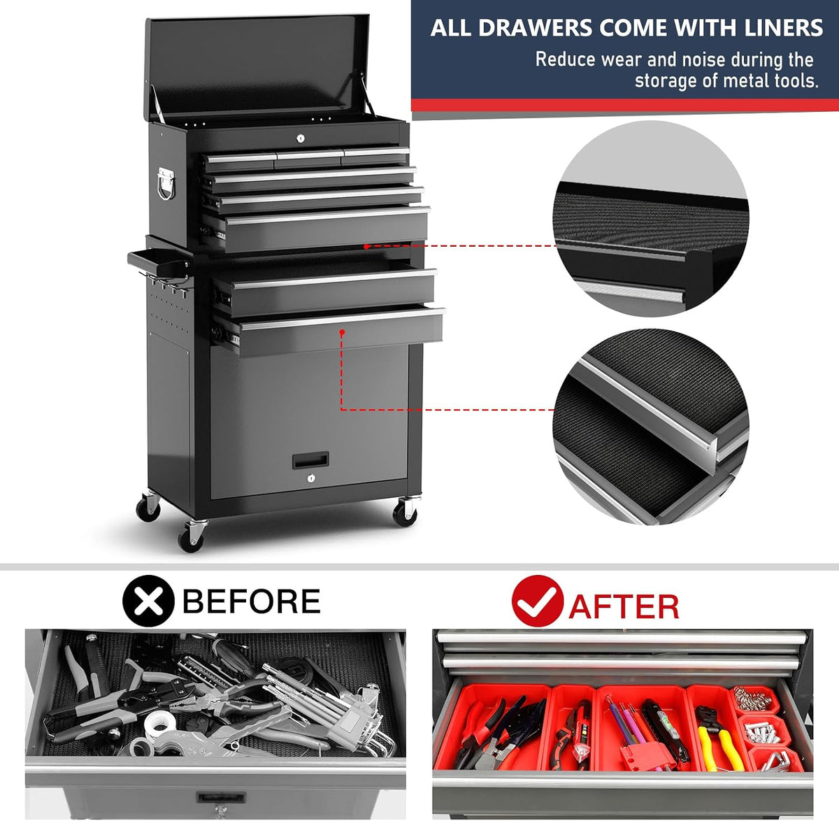 AIRAJ 327Black-tool chest 8-Drawer Rolling Tool Chest with Detachable Top – Black – product detail