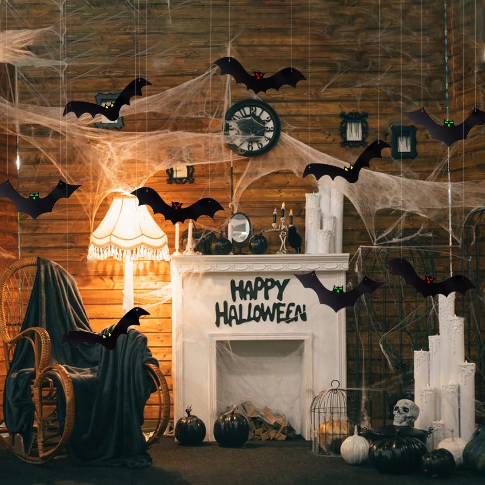 YUJUN 12-Piece Hanging Halloween Bat Set – Black – product detail