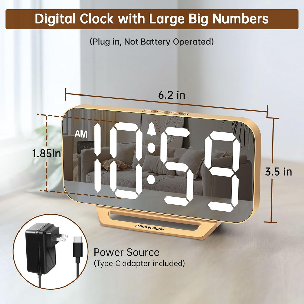 Peakeep Mirror Digital Alarm Clock, Gold