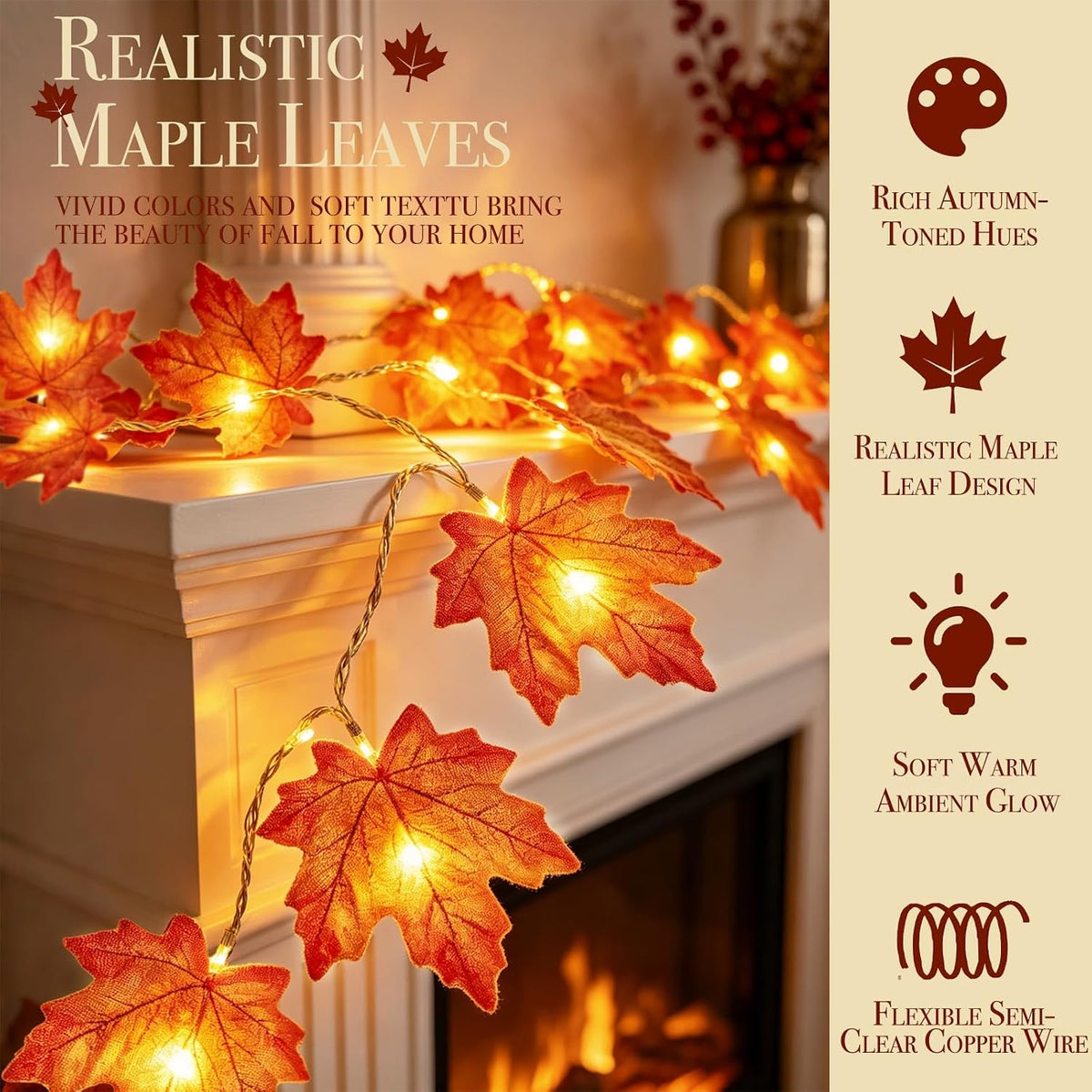 TURNMEON 3-Pack 30-Foot 60-LED Maple Leaf Garland – 30FT-Maple garland, Orange&yellow – 30FT-Maple garland / Orange&yellow – product detail