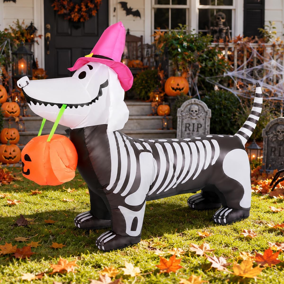 GOOSH 5.5-Foot Halloween Skeleton Dog & Pumpkin Inflatable – White – product detail