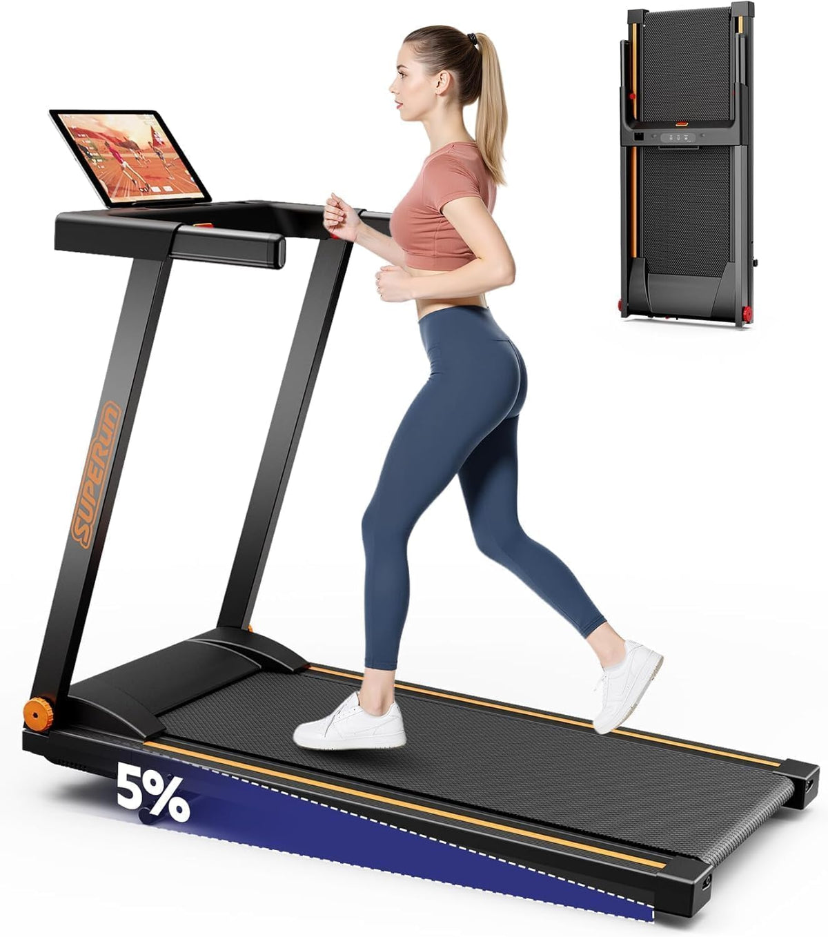Superun Folding Walking Treadmill with 5% Incline and App Control