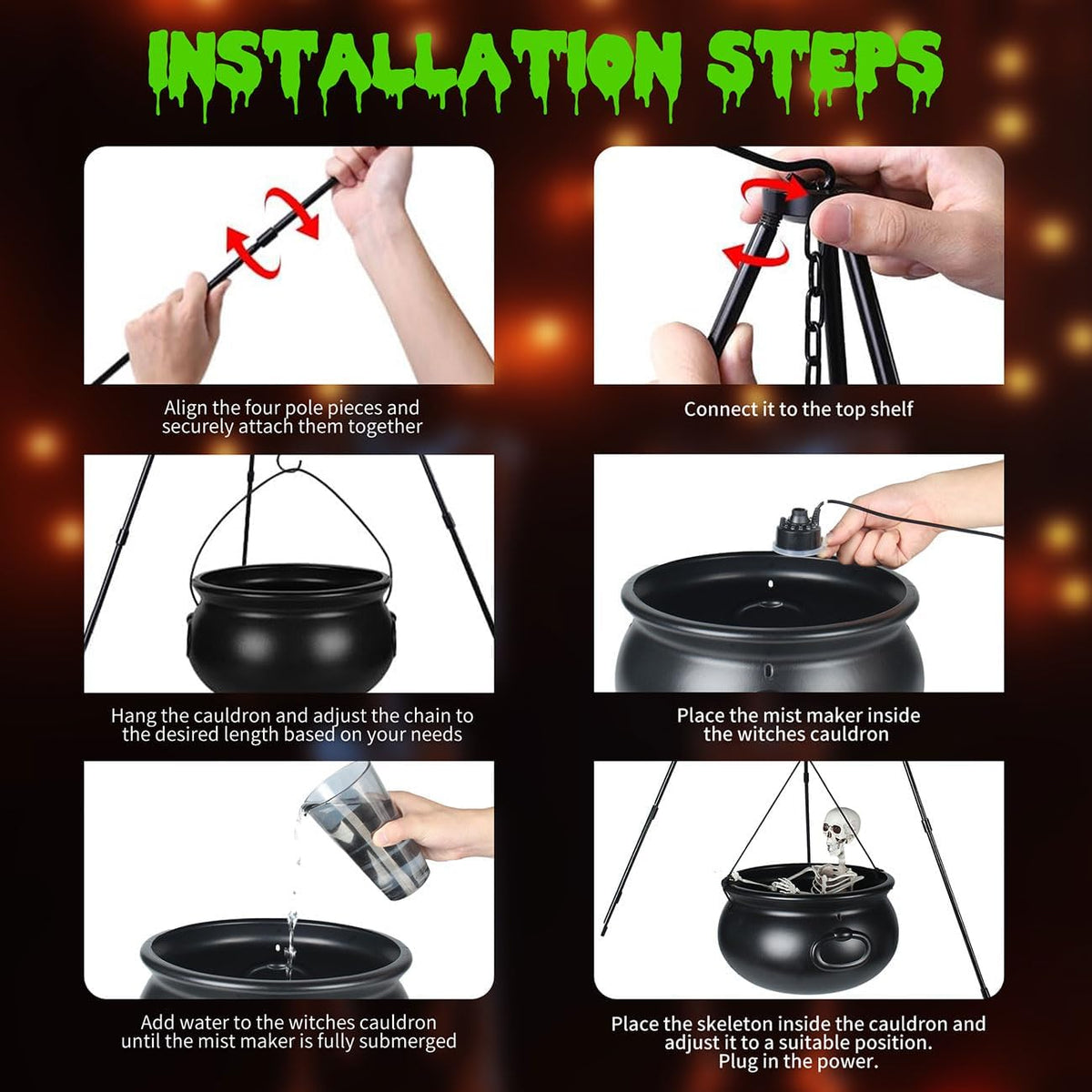 MEADIN M917 Halloween Cauldron, Tripod & Skeleton Display with Mist Maker – 52 inches, Black – Black / 52 inches – product detail