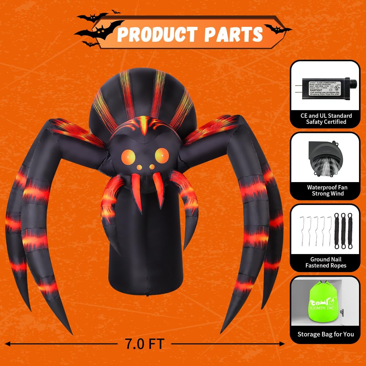 COMIN 7-Foot Halloween Striped Spider Inflatable – Orange – product detail