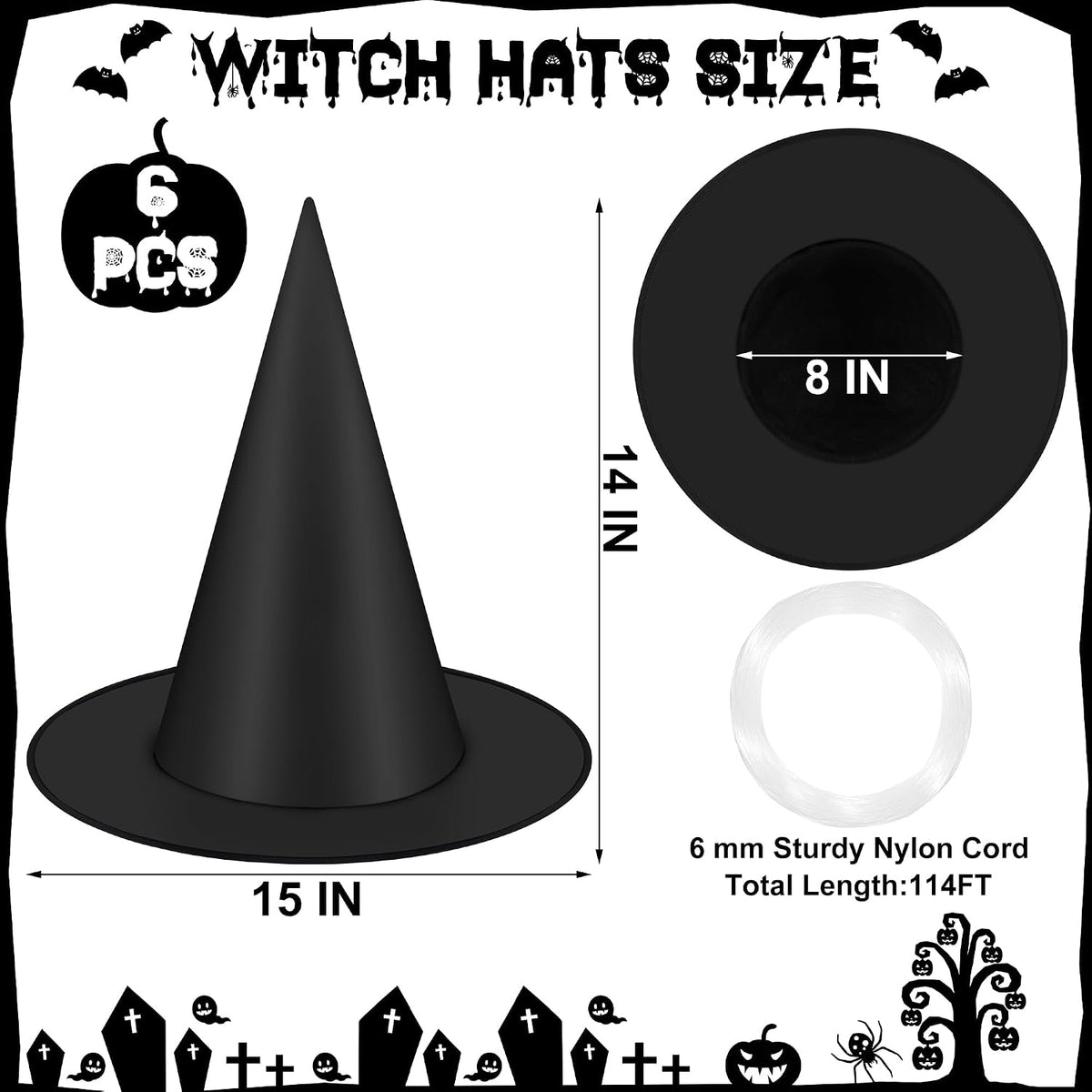 Helimoto 6-Piece Hanging Halloween Witch Hat Set – Black – product detail