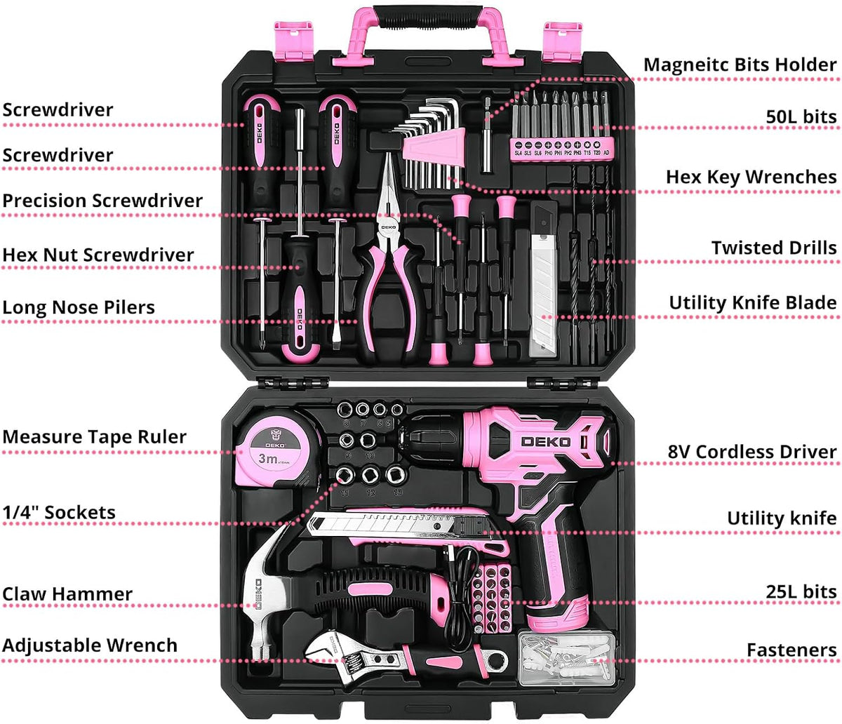 DEKOPRO 126-Piece Cordless Drill and Hand Tool Set – Pink – product detail
