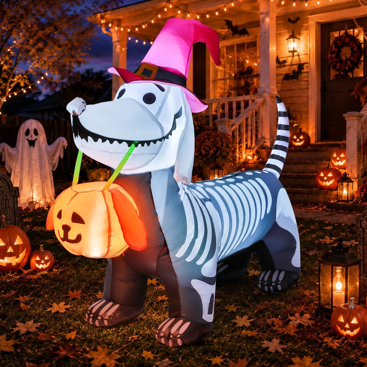 GOOSH 5.5-Foot Halloween Skeleton Dog & Pumpkin Inflatable – White