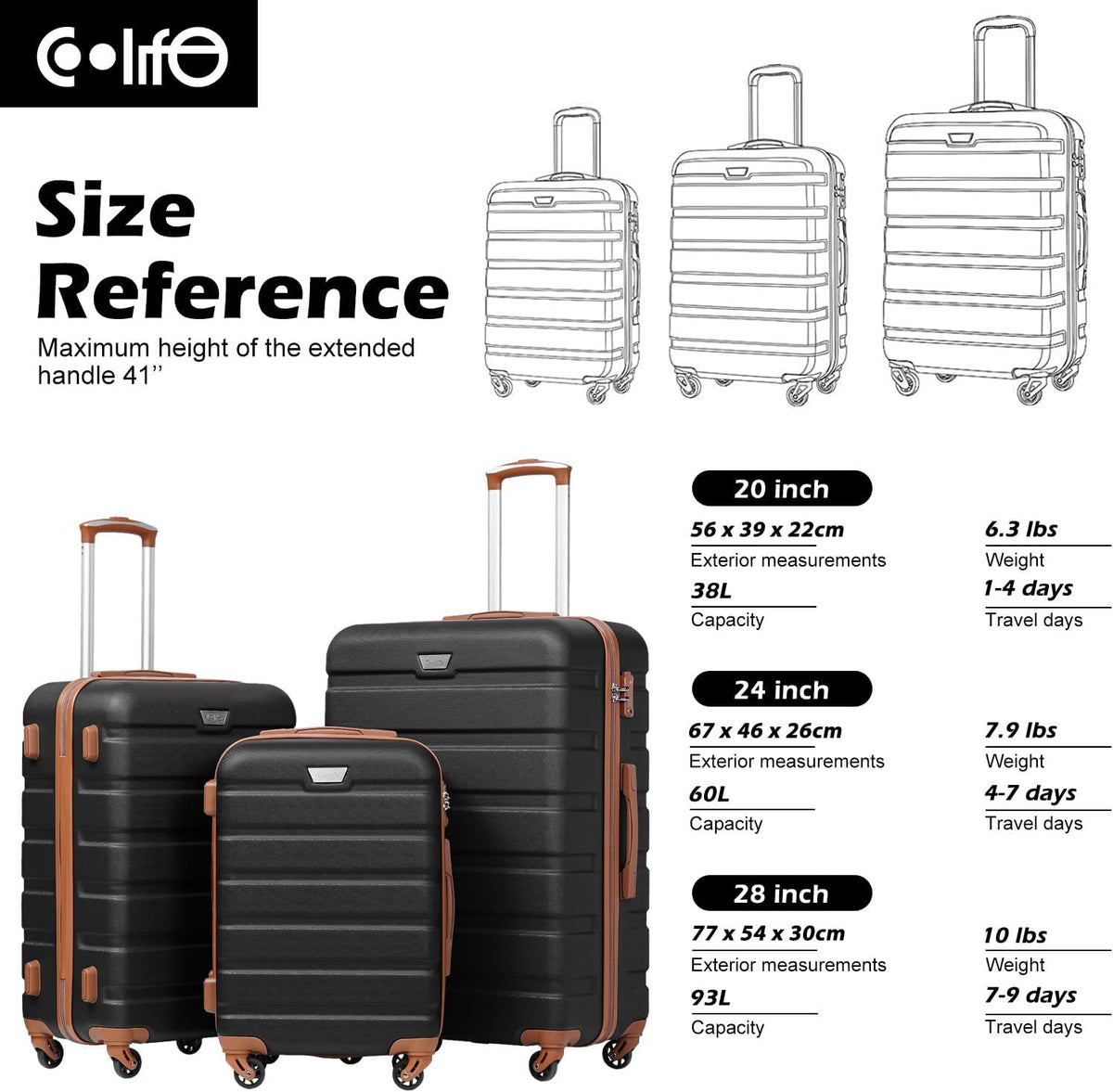 Coolife YD000013 Hardside Luggage Set – 3 Piece Set (20/24/28in), Apricot Black – product detail