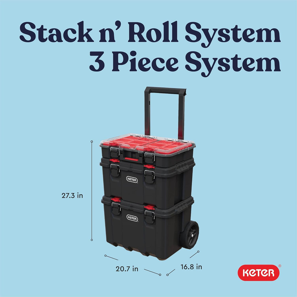 Keter 259676 Stack N Roll 3-Piece Rolling Tool Storage System – 3PC System, Black/Red – Black/Red / 3PC System – product detail