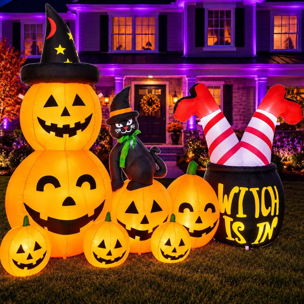 LAASOFANI Lighted Halloween Pumpkin Inflatables – Black Cat & Witch Designs