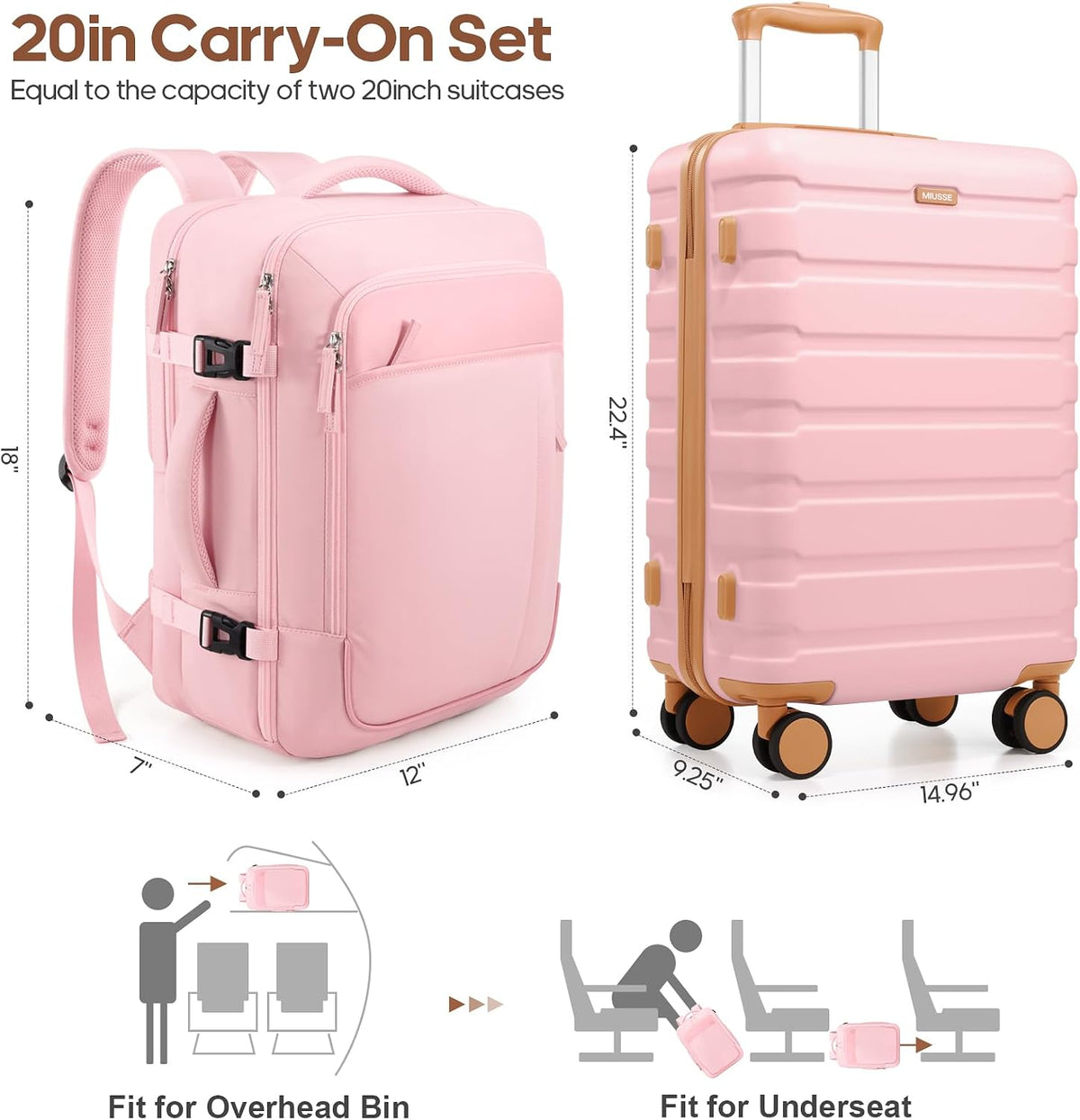 MIUSSE MAX 2452B Luggage Set – 3 piece set (20inch), Pink – Pink / 3 piece set (20inch) – product detail