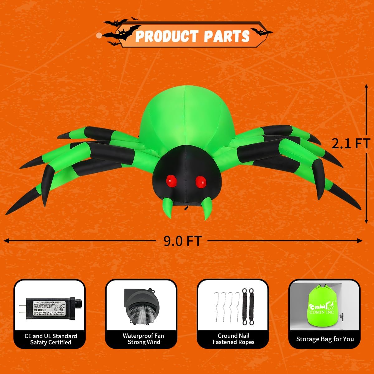 COMIN 9-Foot Halloween Spider Inflatable – Green – product detail
