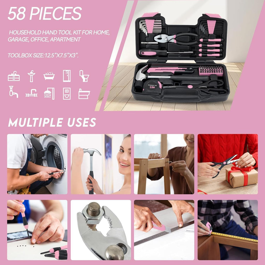 MARTCOLOR M836-Pink 58-Piece Household Hand Tool Kit – Pink – product detail