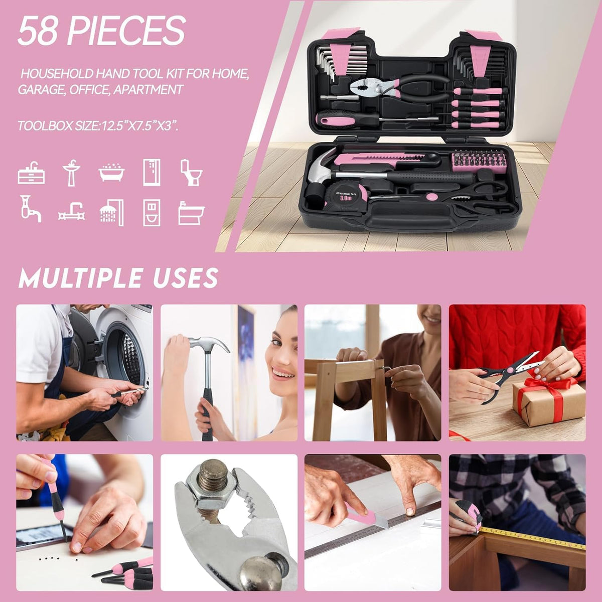 MARTCOLOR M836-Pink 58-Piece Household Hand Tool Kit – Pink – product detail