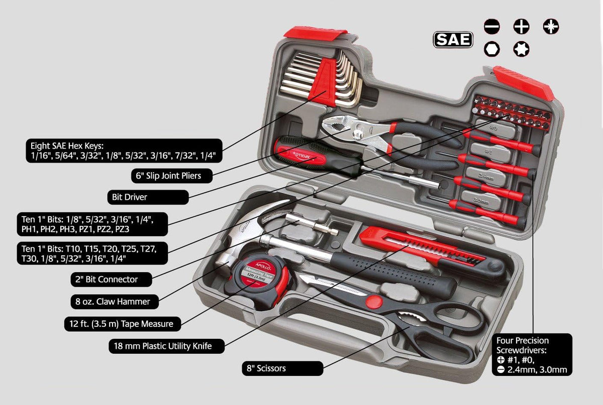Apollo DT9706 39-Piece Household Hand Tool Kit – Red – Red / 39-Piece (with Slip Joint Pliers + Scissors) – product detail