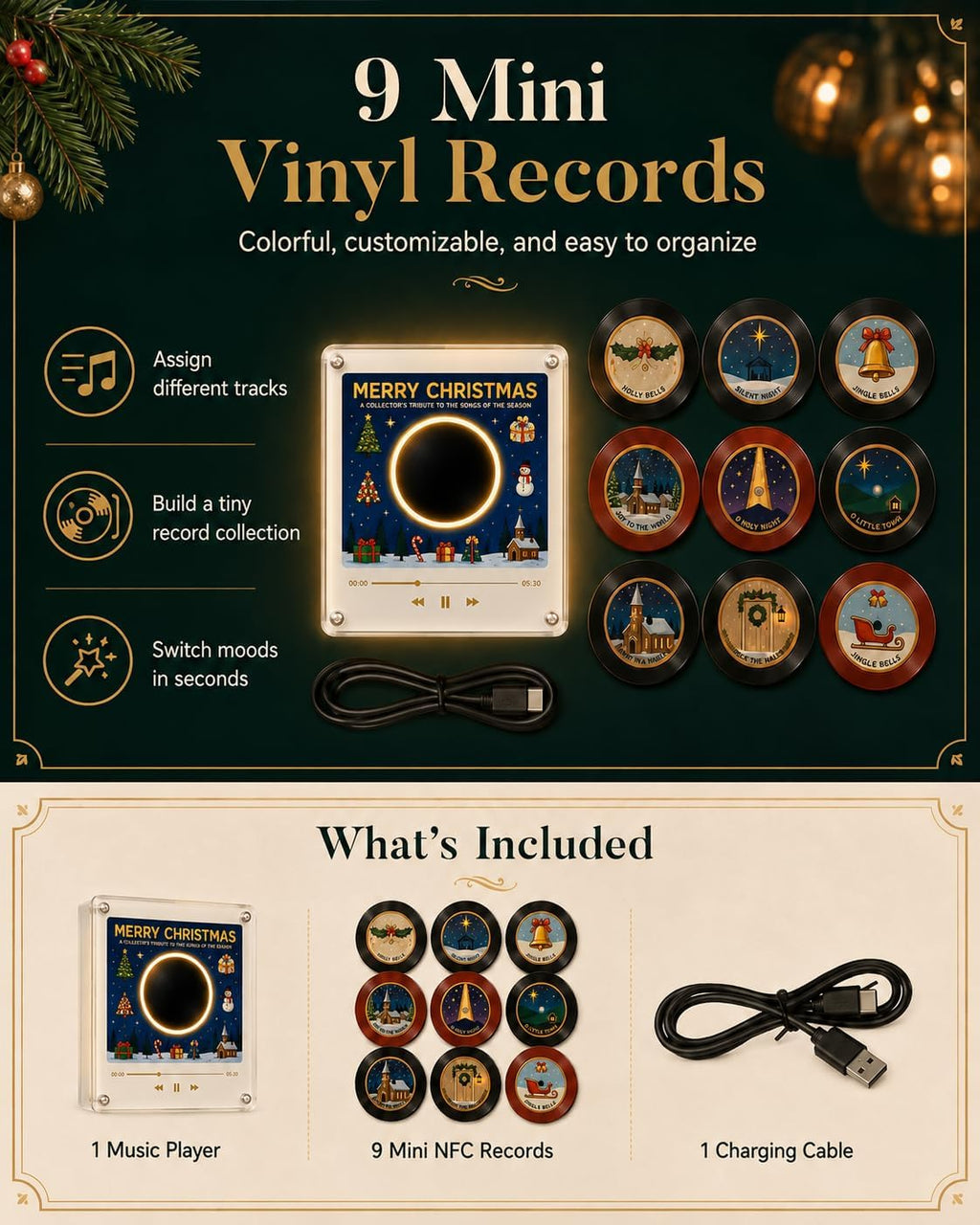 Christmas Vinyl Player Fridge Record NFC Magnetic Music Box Set · 7