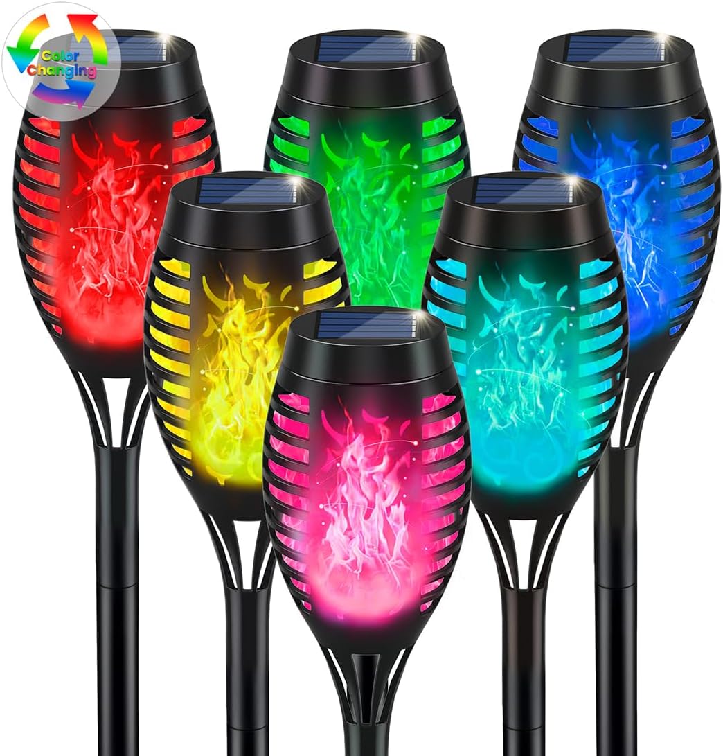 IkeeRuic Solar Flickering-Flame Torch Lights – 6-Pack, Orange or Multicolor