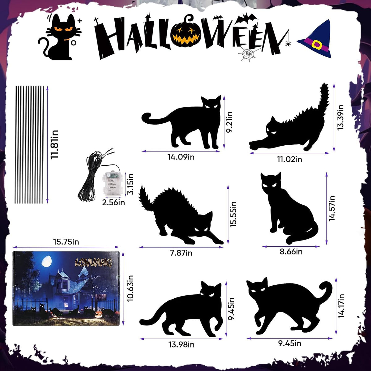 LCHUANG H-HG-RC 6-Piece Lighted Black Cat Halloween Yard Stake Set – Black – product detail