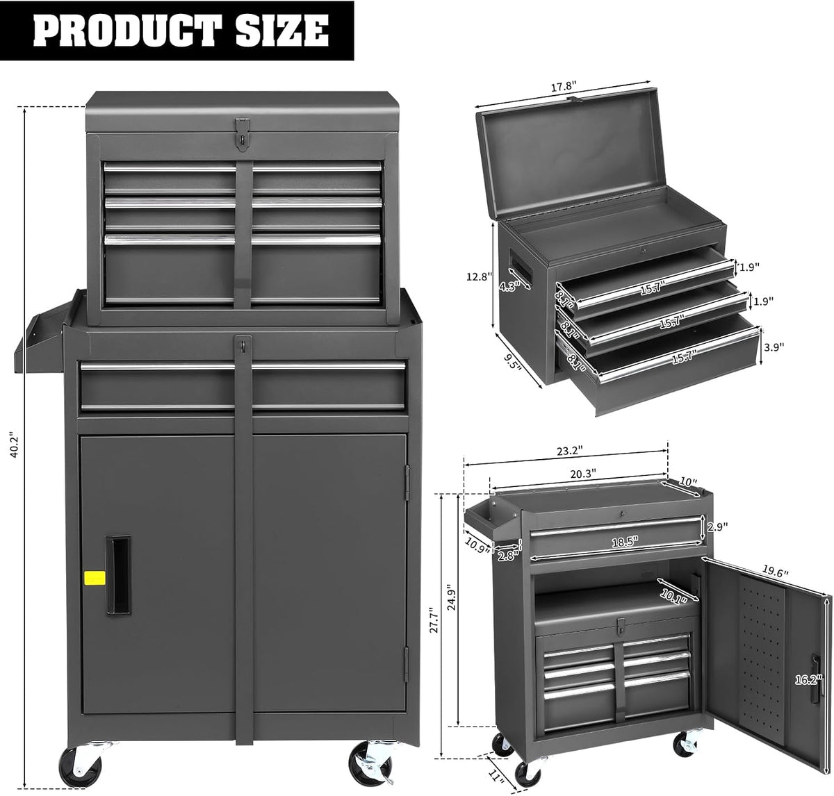 Winado 4-Drawer Rolling Tool Chest with Detachable Top – Black – Black / 55.00*32.00*68.00 cm – product detail
