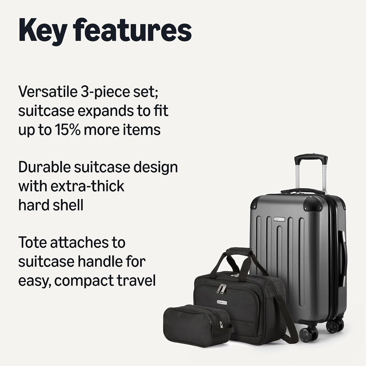 Amazon Basics Hardside Luggage Set – 3-Piece Luggage Set, Black – Black / 3-Piece Luggage Set – product detail