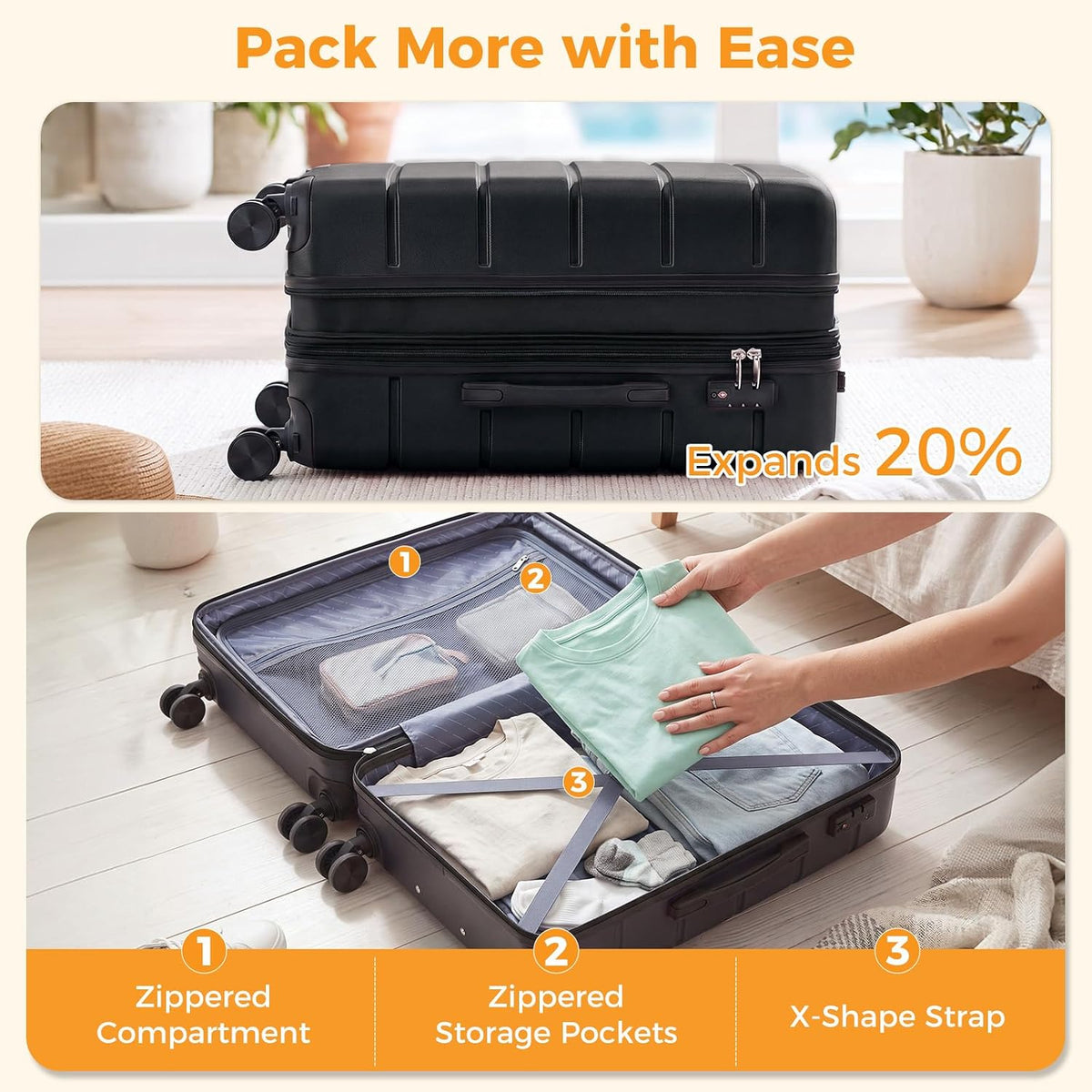 NEWBULIG NV2-2LG-24BK Hardside Suitcase – 24 Inch, Black – Black / 24 Inch – product detail