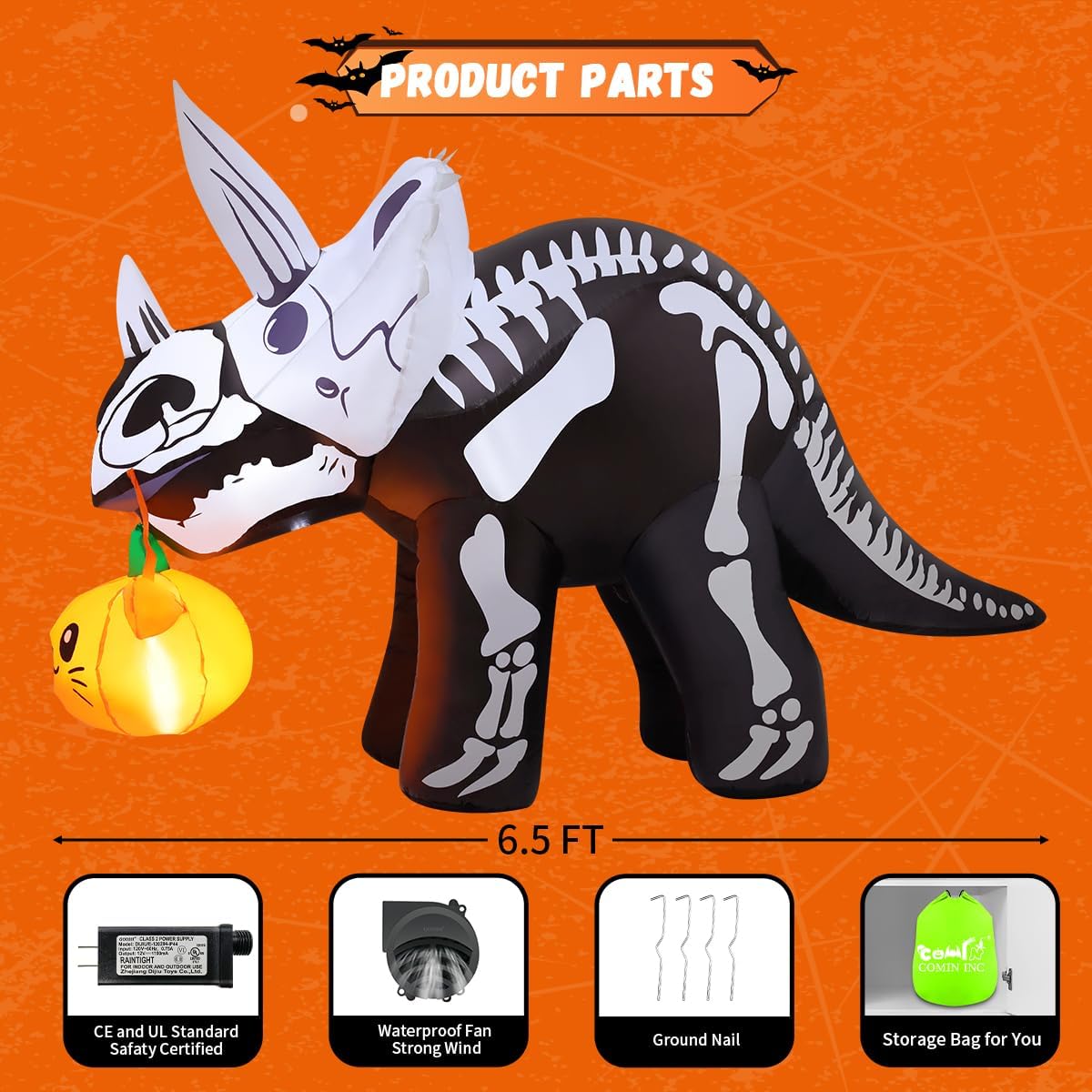 COMIN CO-69429 6.5-Foot Halloween Skeleton Dinosaur Inflatable – Black – product detail