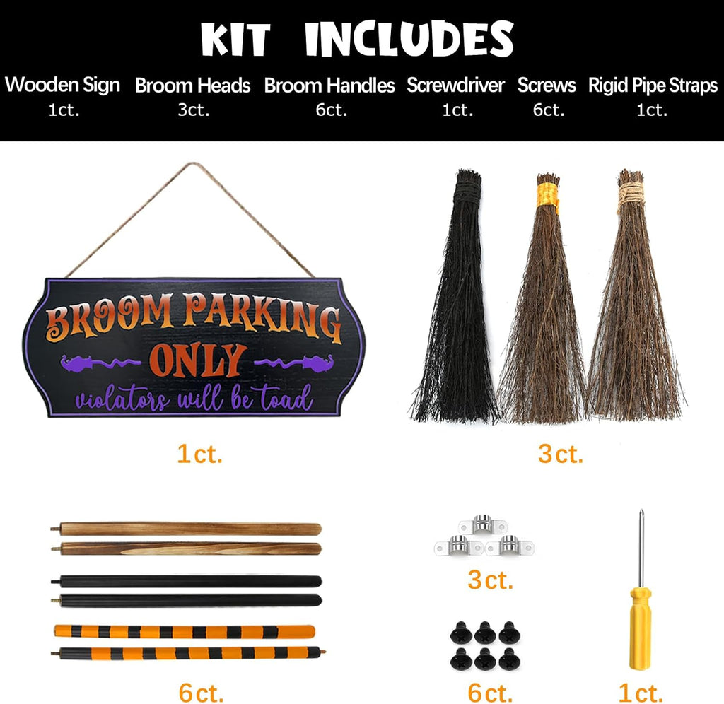 ORIENTAL CHERRY Halloween Broom Parking Sign with Three Wooden Brooms – Black – product detail