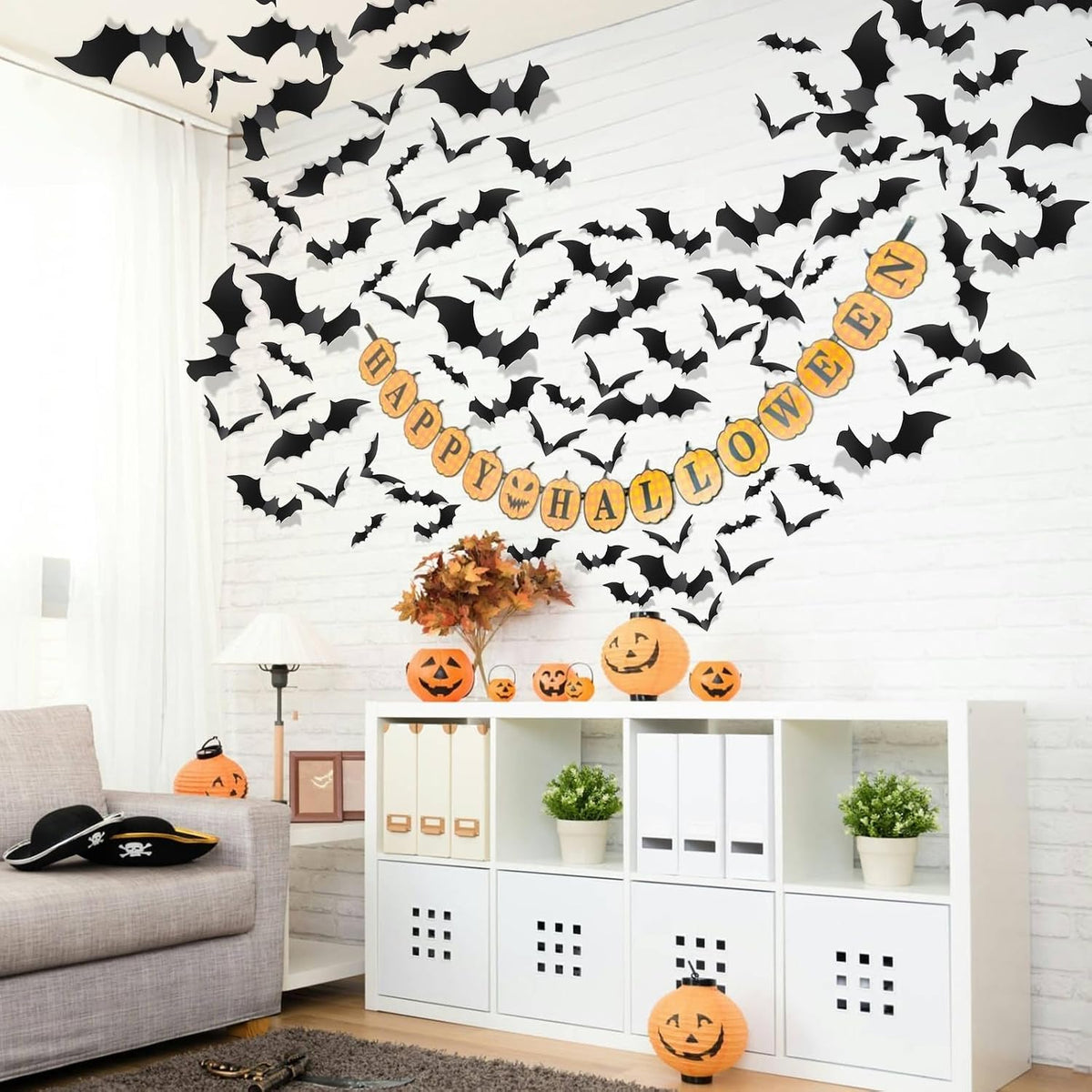 Piteno BF140 140-Piece 3D Halloween Bat Wall Sticker Set – Standard, Black – Standard / Black – product detail