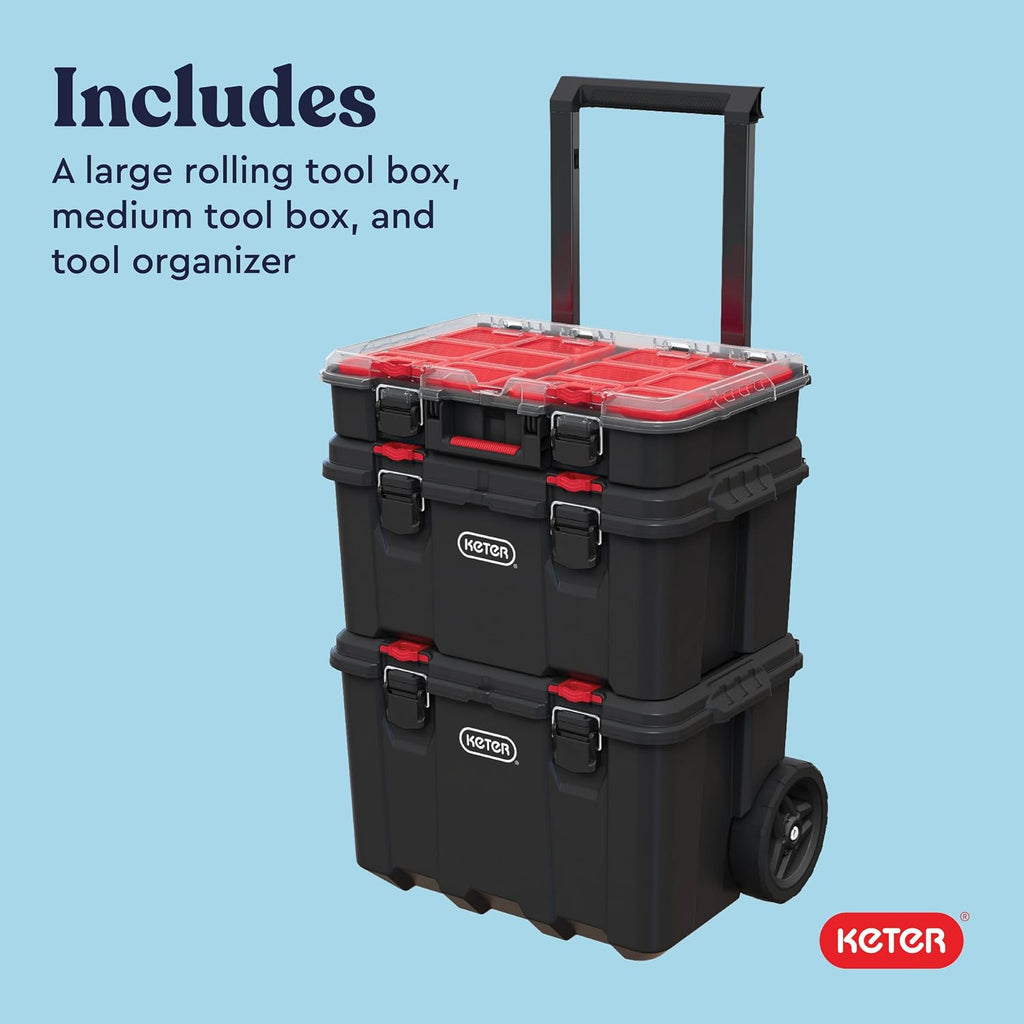 Keter 259676 Stack N Roll 3-Piece Rolling Tool Storage System – 3PC System, Black/Red – Black/Red / 3PC System – product detail