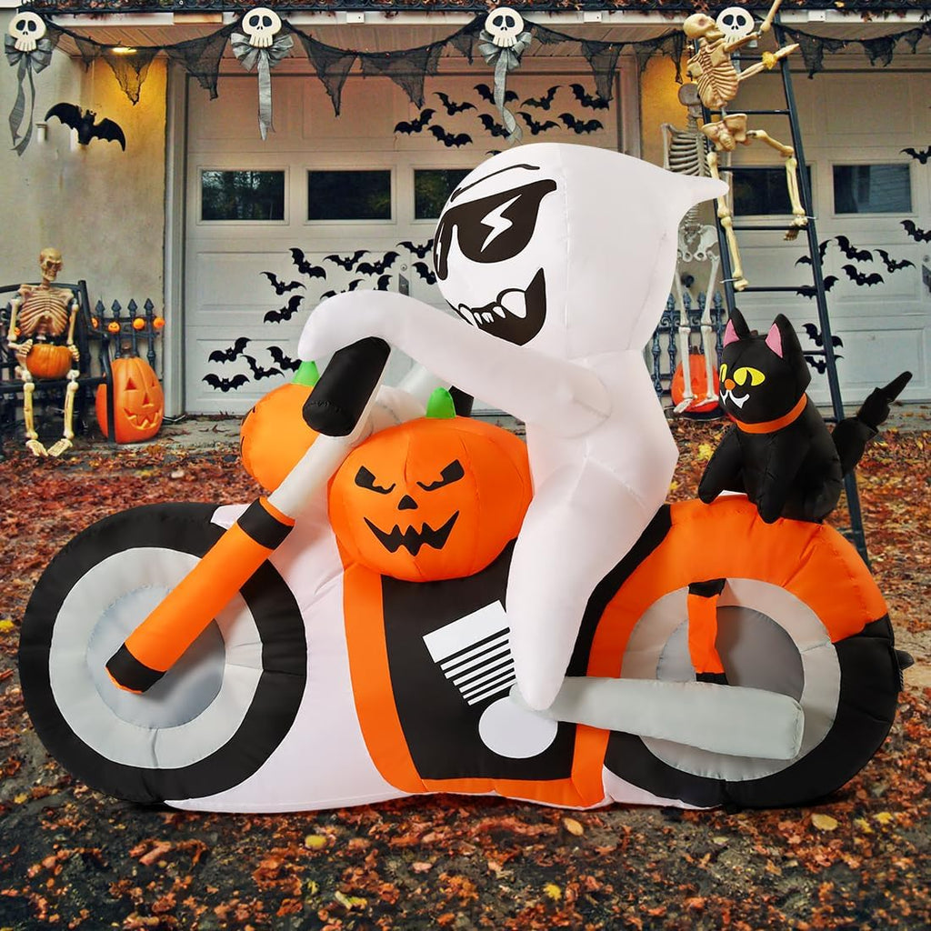 COMIN CO-69305 6-Foot Halloween Ghost, Pumpkin & Cat Motorcycle Inflatable – White,Orange,Black – product detail