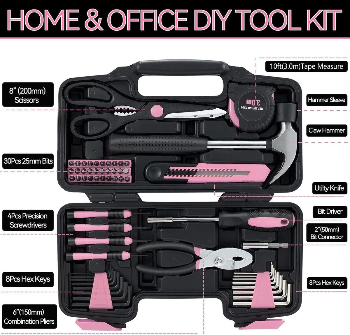 MARTCOLOR M836-Pink 58-Piece Household Hand Tool Kit – Pink – product detail