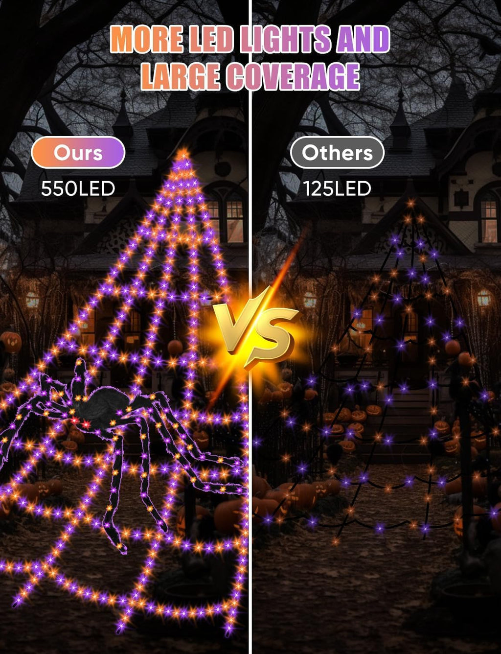 VITI HYT-0451400 550-LED Halloween Spider Web Lights with Spider – Purple Orange – product detail