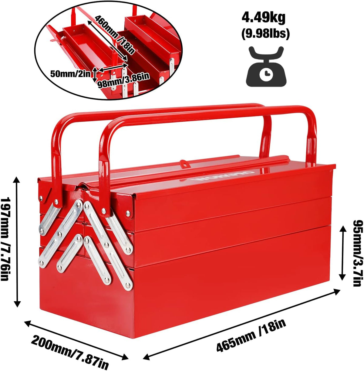 WORKPRO W082075AE 18-Inch Five-Tray Cantilever Tool Box – Red – product detail