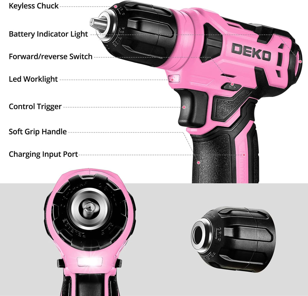 DEKOPRO 126-Piece Cordless Drill and Hand Tool Set – Pink – product detail