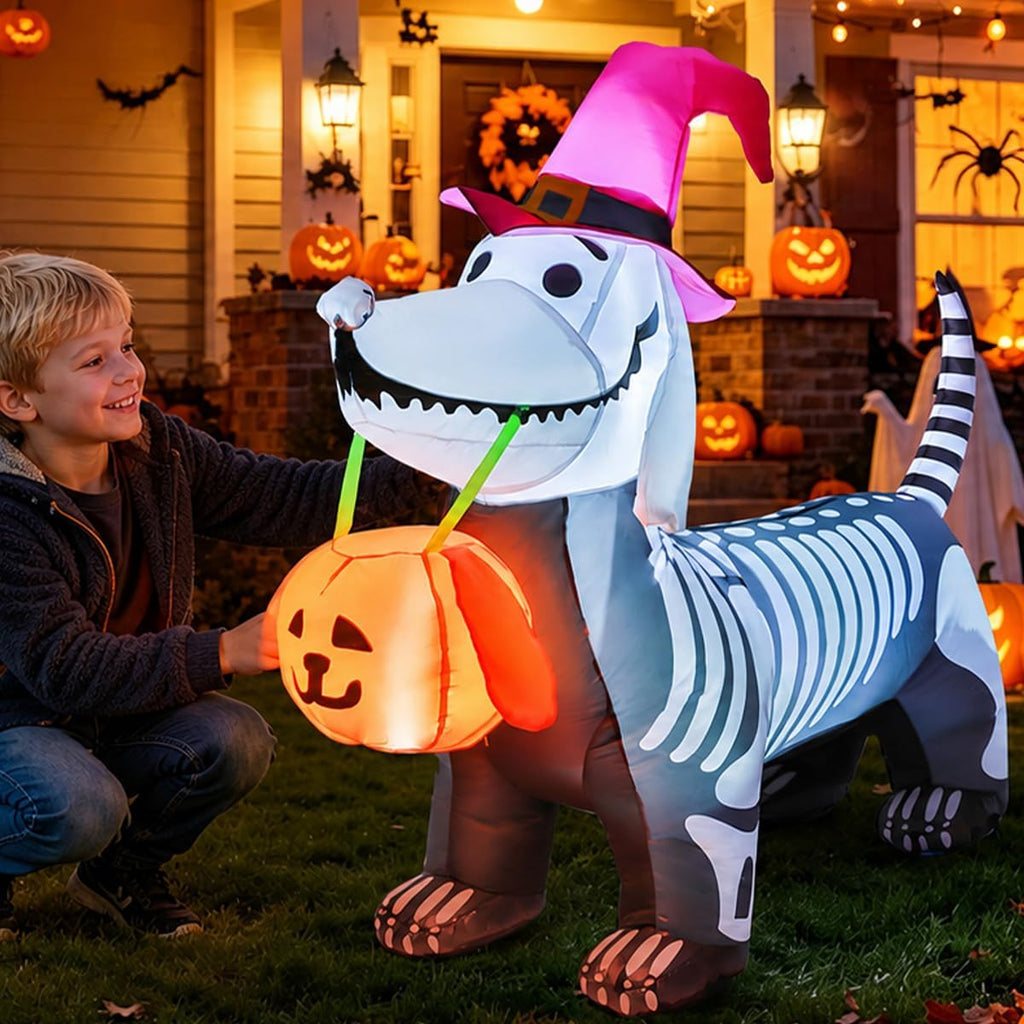 GOOSH 5.5-Foot Halloween Skeleton Dog & Pumpkin Inflatable – White – product detail