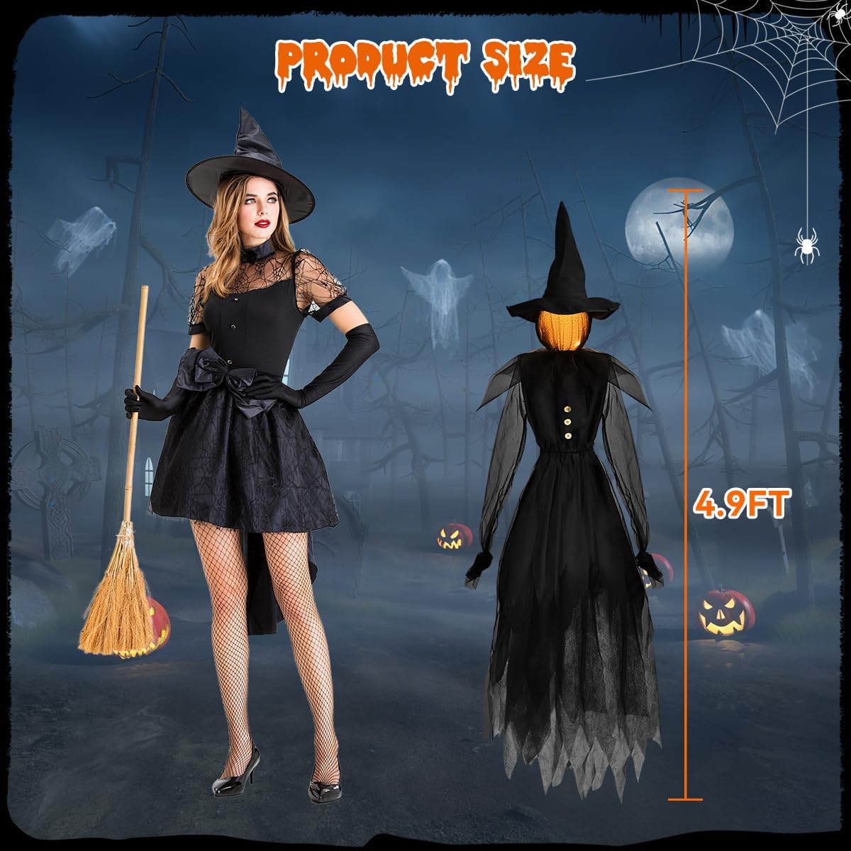 Jibeufi Hlw-witch-3pcs 3-Pack 4.9-Foot Lighted Halloween Witch Stakes – black – product detail