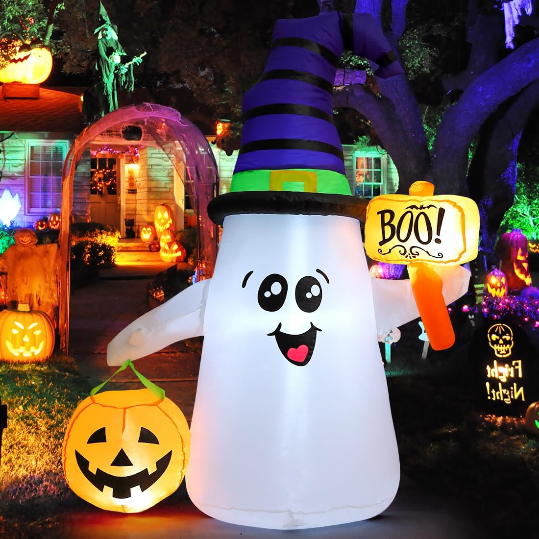 GOOSH 69110 5-Foot Halloween Wizard Ghost & Pumpkin Inflatable – White