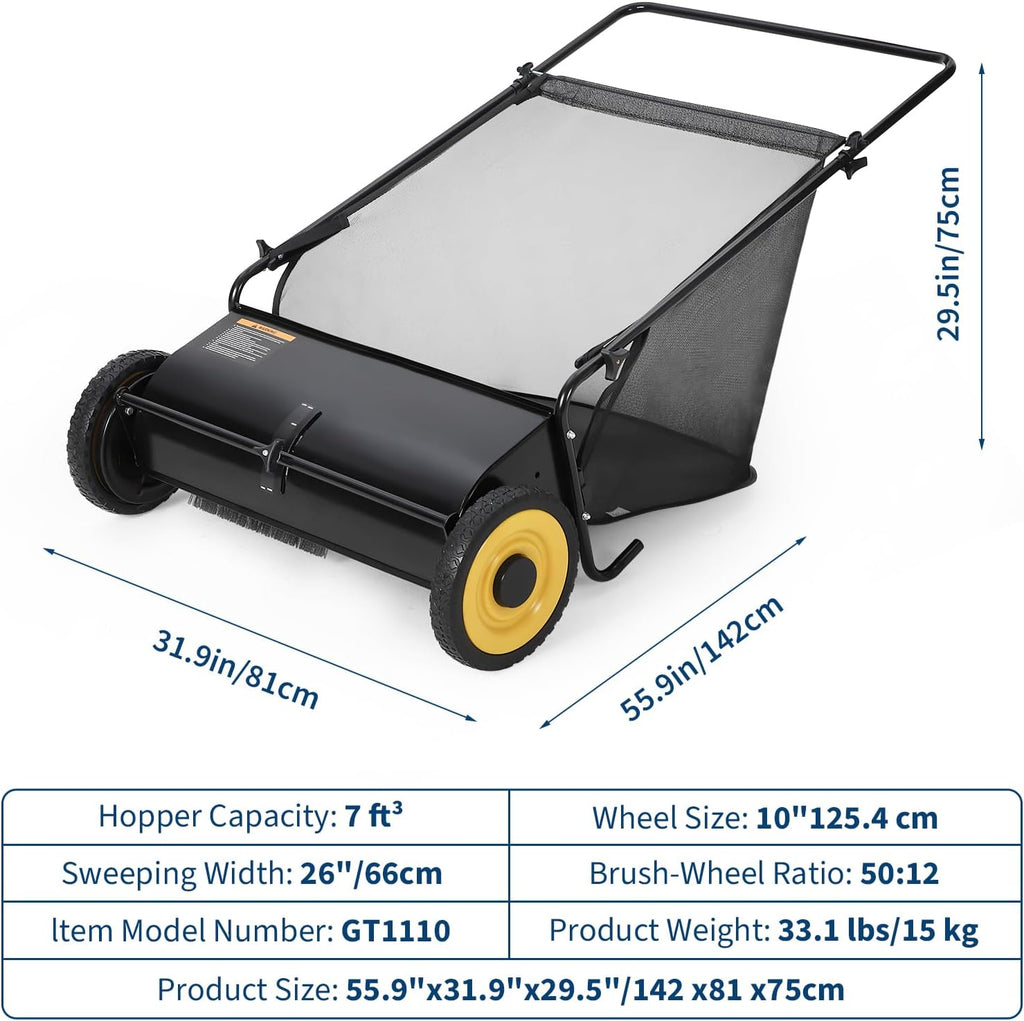 GAOMON 26-Inch Push Lawn Sweeper, Grass, Lawn and Leaf Cleanup Collector with Large 7 cu. ft. Hopper Bag, and Dual Spinning Brushes, Black · 7
