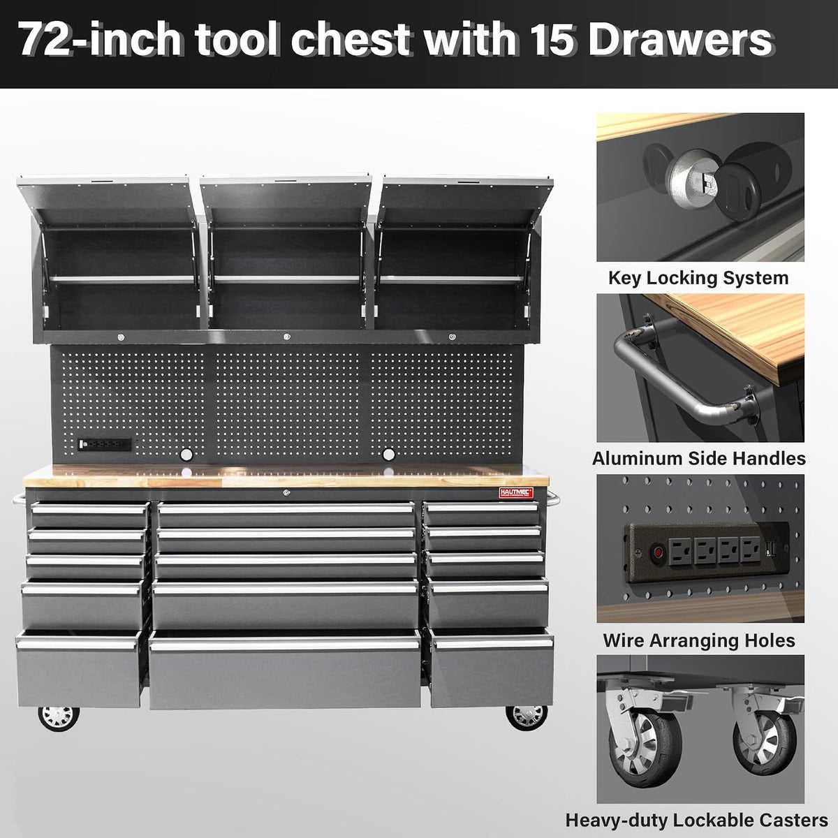 HAUTMEC HT0428-TC 72-Inch Rolling Workbench with 15 Drawers and Upper Cabinets – Gray – product detail