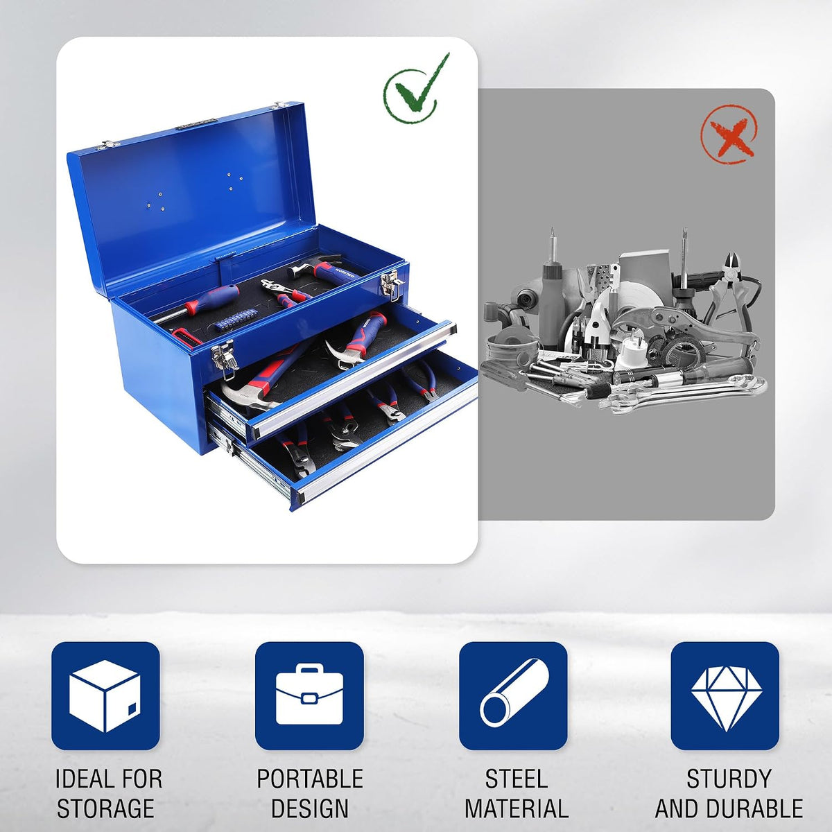 WORKPRO RM 18-Inch 2-Drawer Metal Tool Box – 18 Inch, Blue – Blue / 18 Inch – product detail