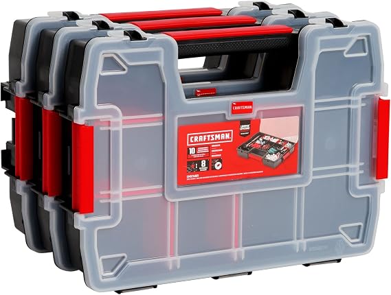 CRAFTSMAN CMST60964M 3-Pack 10-Compartment Parts Organizers – 3 Pack (11.5" L x 2.5" W x 8.5" H), black/red