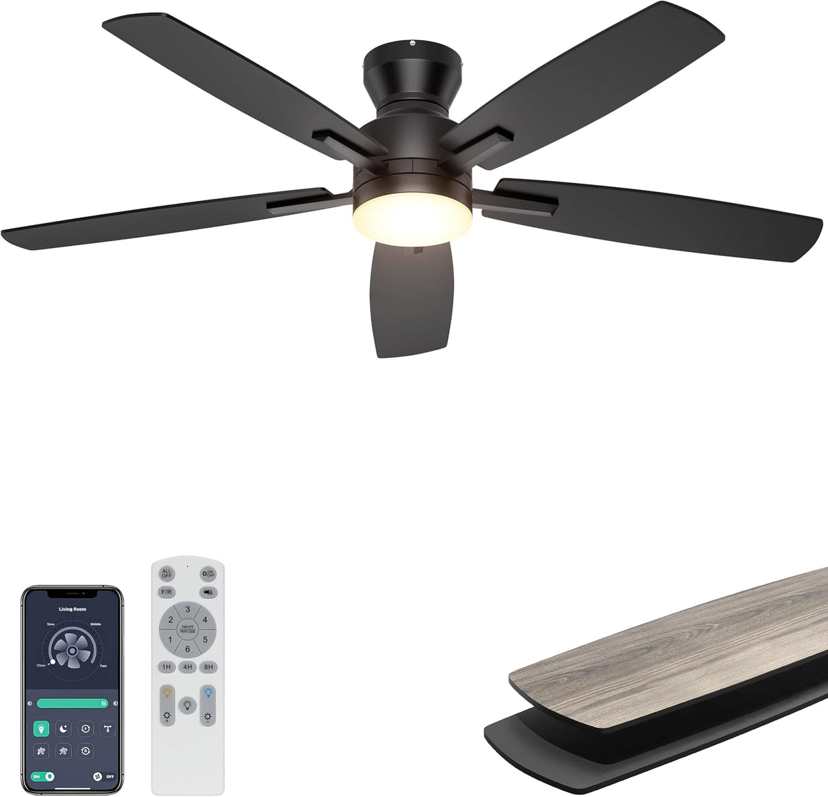 Ohniyou 52-Inch Ceiling Fan with Dimmable LED Light, Black