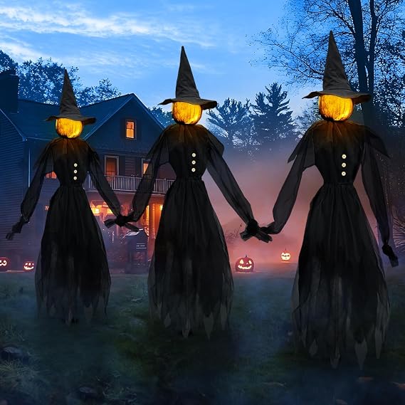 Jibeufi Hlw-witch-3pcs 3-Pack 4.9-Foot Lighted Halloween Witch Stakes – black