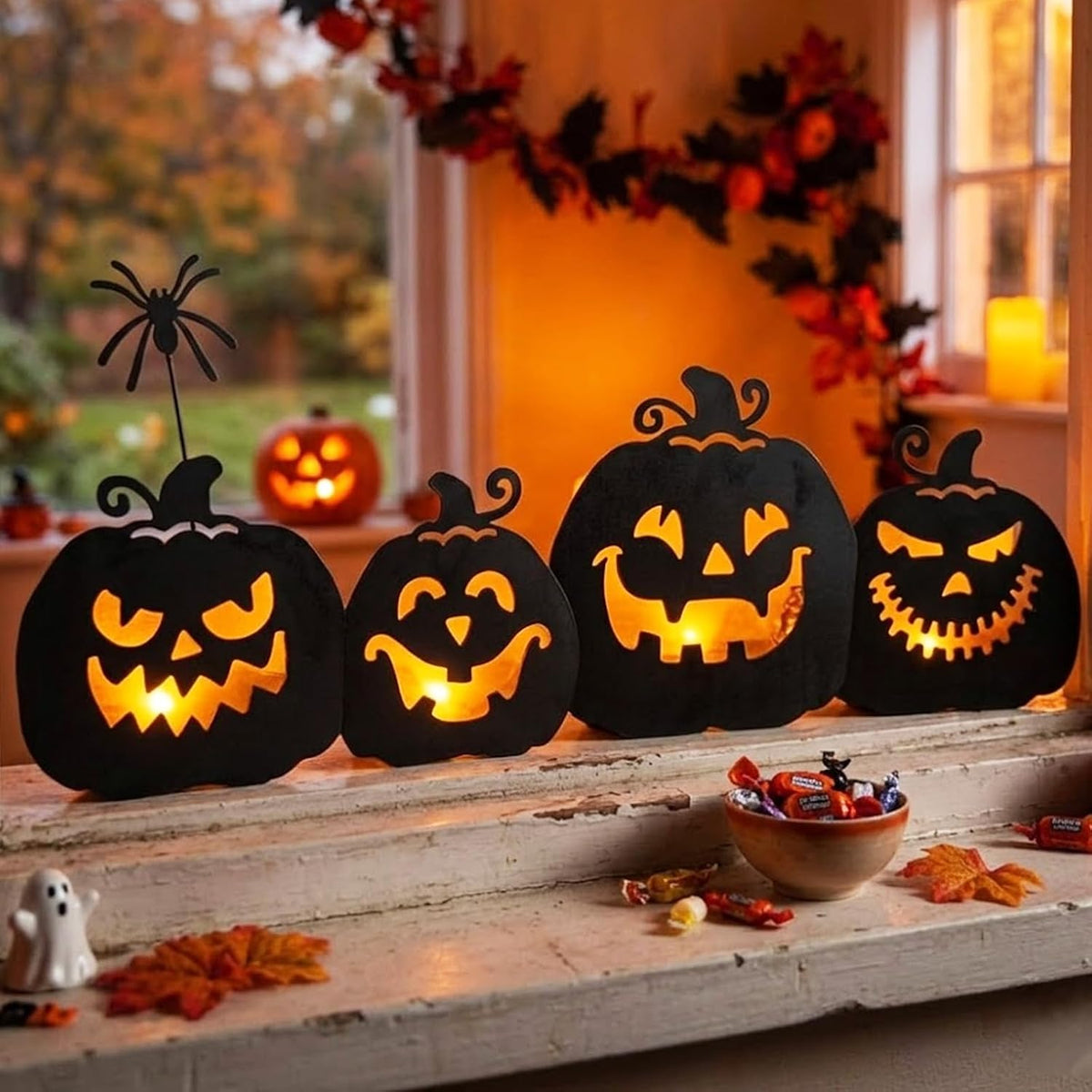 EAMBRITE 806051 4-Pack Lighted Metal Pumpkin Yard Stakes – black – product detail
