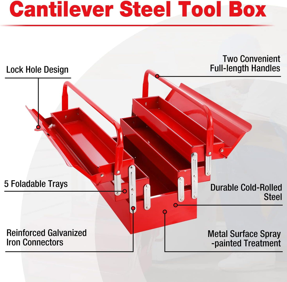 WORKPRO W082075AE 18-Inch Five-Tray Cantilever Tool Box – Red – product detail